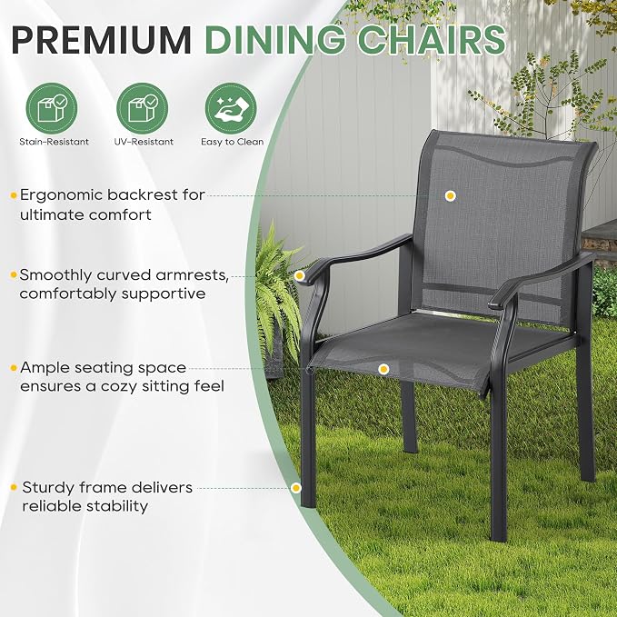 LVUYOYO 5-Piece Outdoor Patio Dining Set, Textilene Dining Chairs & Square Table Set, All-Weather Table and Chairs Set with Umbrella Hole for Backyard, Garden,Balcony,Porch (Gray)