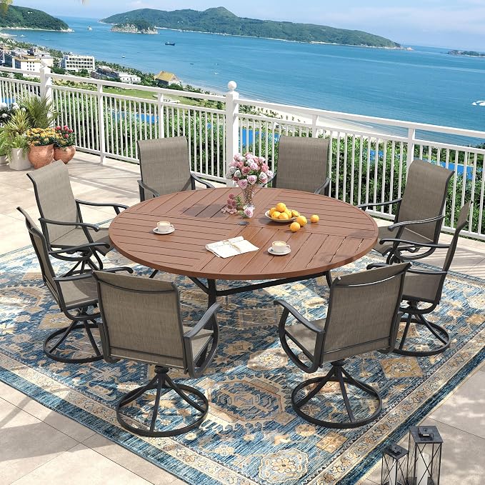 Outdoor Dining Set for 8, 63.1" Metal Round Outdoor Dining Table with Umbrella Hole and Sling Patio Swivel Chairs, 9 Pieces Patio Table and Chairs Set for Garden, Mixed Brown and Walnut