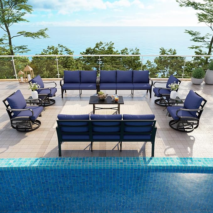 10 Pieces Patio Conversation Sets, All-Weather Metal Swivel Rocking Chairs with Rope Furniture Set, Outdoor Sofa Couch for Deck, Porch, Garden, Backyard, Poolside (Blue Cushions)