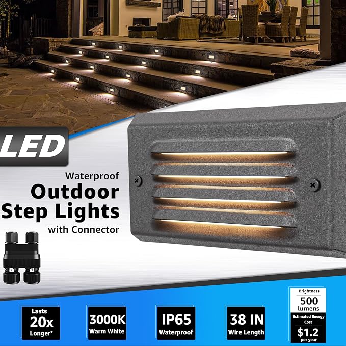 SUNVIE 5W Low Voltage Step Lights 6 Inch Outdoor Aluminum Brown, 12-Pack | Landscape lights, 12-24V AC/DC, 3.2FT ETL Listed Wire, with Fastlock2 Connectors, Horizontal Louver, for Stairs, Step, Fences