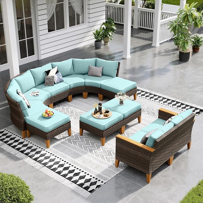 Sophia & William Outdoor Wicker Sectional Sofa Set, 11 Piece Half Moon Curved Patio Furniture Modern Round Outdoor Couch Conversation Set with Ottoman for Backyard, Deck, Garden(Aqua Blue)