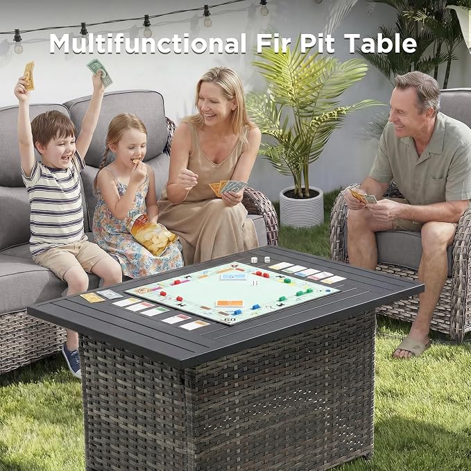 Luxury Patio Furniture Set with Fire Pit Table-6 Pieces All Weather Outdoor Swivel Rocker Chairs with Sofa and Ottomans. Outdoors Patio Conversation Sets for Porch Deck Garden Backyard(Grey/Grey)