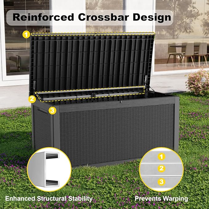 PatioZen 320 Gallon Large Deck Box,Resin Outdoor Storage Box with Lockable for Patio Furniture, Pool Accessories, Garden Tools Waterproof Outside Storage Box, Black