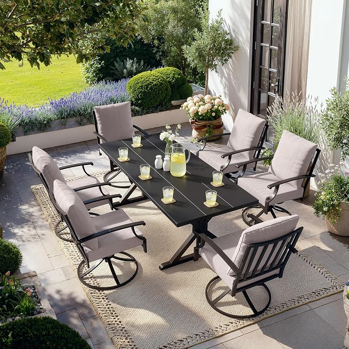 Kullavik 7 Pieces Outdoor Dining Set,Patio Dining Table and Chairs Set for 6,Fence Pattern Back Swivel Chairs with Thickened Cushions & X-Frame Metal Dining Table with Umbrella Hole for Patio,Sand
