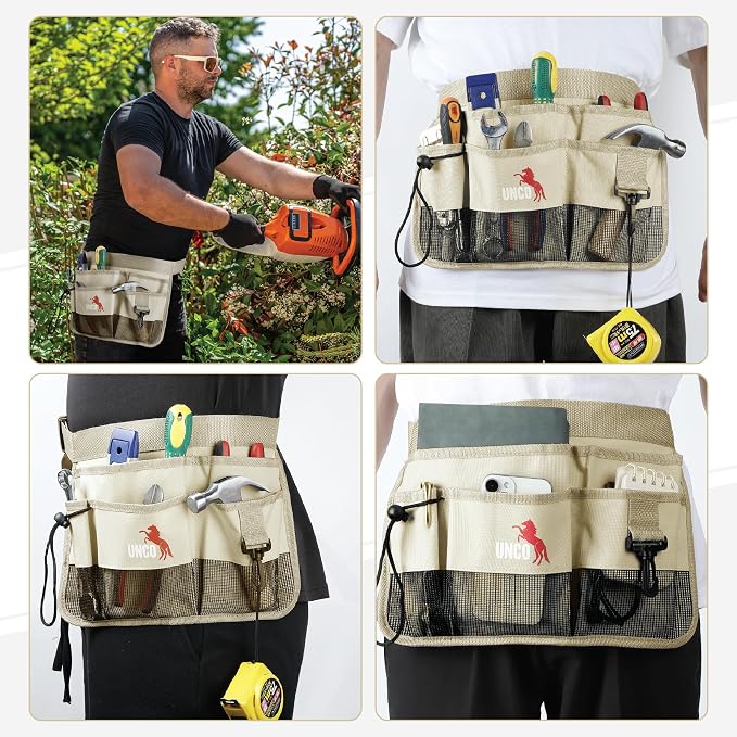 UNCO- Adjustable Gardening Belt, Beige, 7 Pockets, Wear, Cut and Water Resistant, Garden Tool Belt Pouch, Waist Apron with Pockets