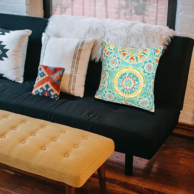 FUNHOME Outdoor Throw Pillows with Insert 18x18 Inch Pack of 2-Cyan Circle | Decorative Throw Pillows with Inserts, Water-Repellent, Square Pillows for Bed, Couch, Sofa and Patio Furniture