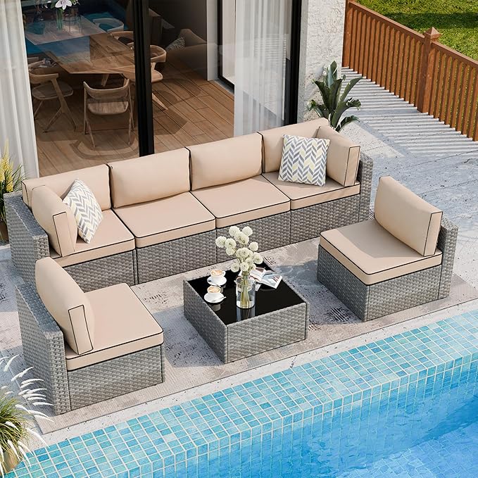 Shintenchi 7 Pieces Outdoor Patio Furniture Sets, Patio Sectional Sofa Couch, Gray PE Wicker Furniture Modular Patio Conversation Sets Patio Sofa with Washable Cushions, Gray/Khaki