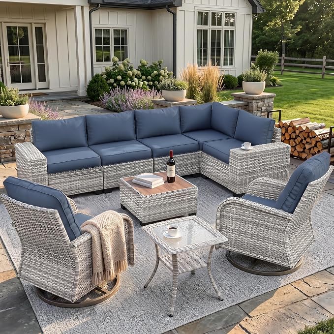 9-Piece Outdoor Patio Furniture Set with Rocking Swivel Chair Wicker Sectional Sofa Set, Patio Conversation Set with Thickened Cushions & Coffee Table for Garden, Backyard, Navy Blue