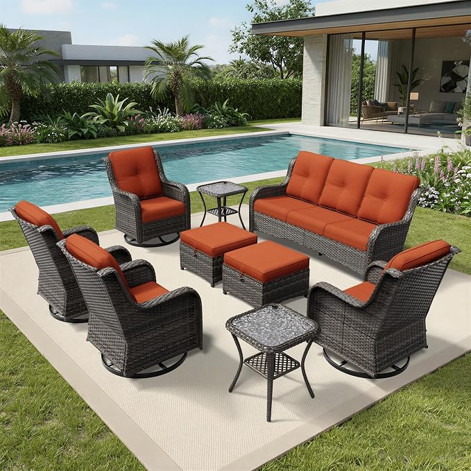 Joyside 9 Piece Wicker Patio Furniture Set, Outdoor Swivel Rocker Patio Chairs with High Back, Deep Seating, Wide Armrest, Thickened Cushions, Outdoor Furniture for Deck, Porch Use