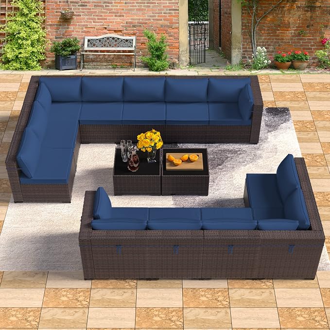 14 Pieces Outdoor Patio Furniture Set,Outdoor Sectional Furniture All Weather PE Rattan Wicker Patio Conversation Set with 2 Coffee Tables and 12 Thickened Cushions,Navy Blue