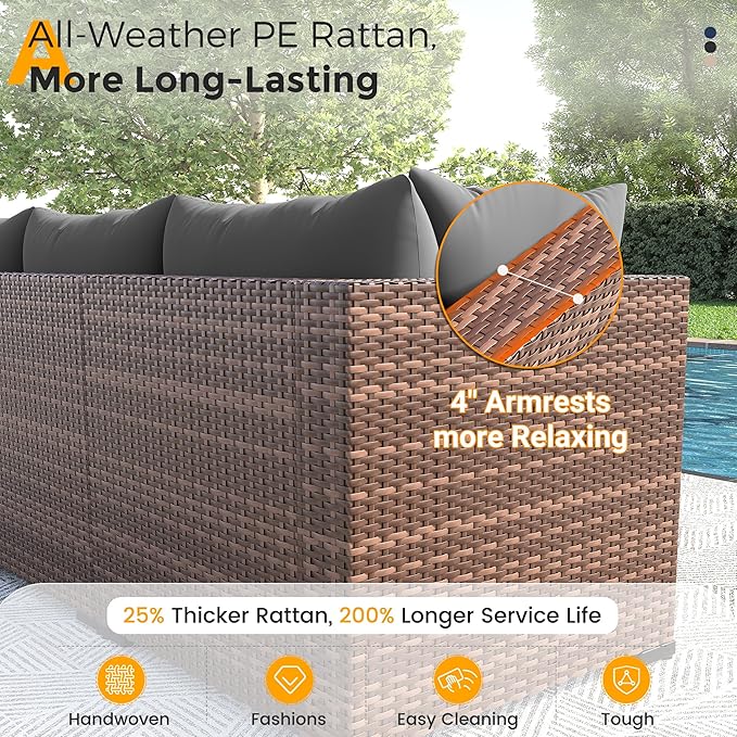 UDPATIO Furniture Set with Fire Pit Table, 8 Piece Sectional Sofas, All-Weather Wicker Conversation for Garden, Backyard, Dark Grey