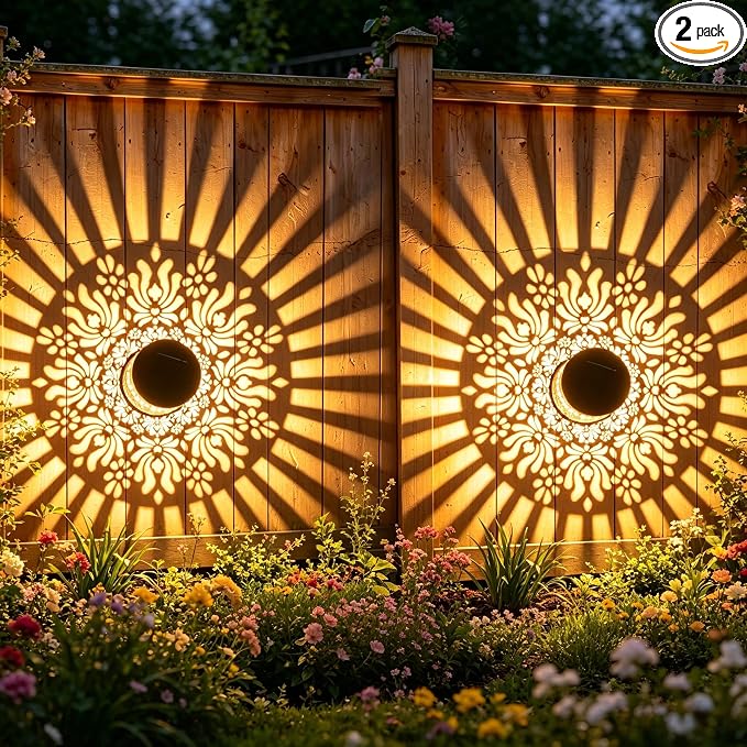 2 Pack Solar Fence Lights Outdoor, Decorative Solar Wall Lights with Peony Pattern, IP65 Waterproof LED Wall Sconce Lantern for Garden Yard Fence Decor, Patio Pathway, Gift for Women Mom