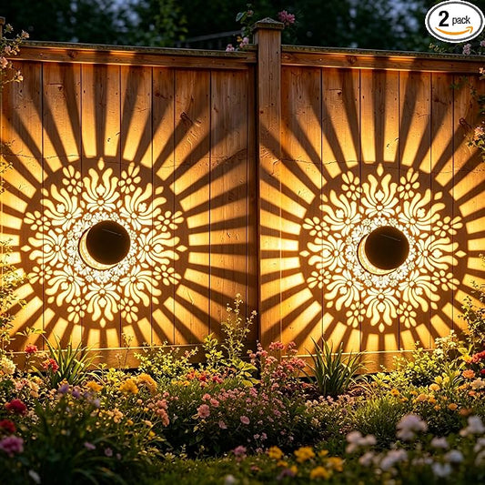 2 Pack Solar Fence Lights Outdoor, Decorative Solar Wall Lights with Peony Pattern, IP65 Waterproof LED Wall Sconce Lantern for Garden Yard Fence Decor, Patio Pathway, Gift for Women Mom