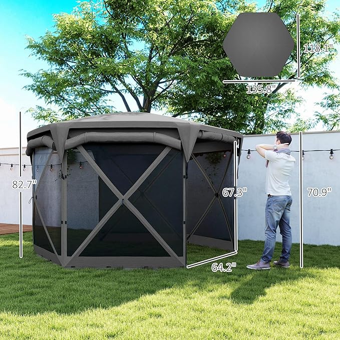 Outsunny Pop Up Gazebo Screen Tent House, 11 x 11ft with UPF30+ Removable Roof Cover, 4 Roll-up Wind Panels and Carry Bag for Camping, Patio, Backyard, Lawn, Dark Gray