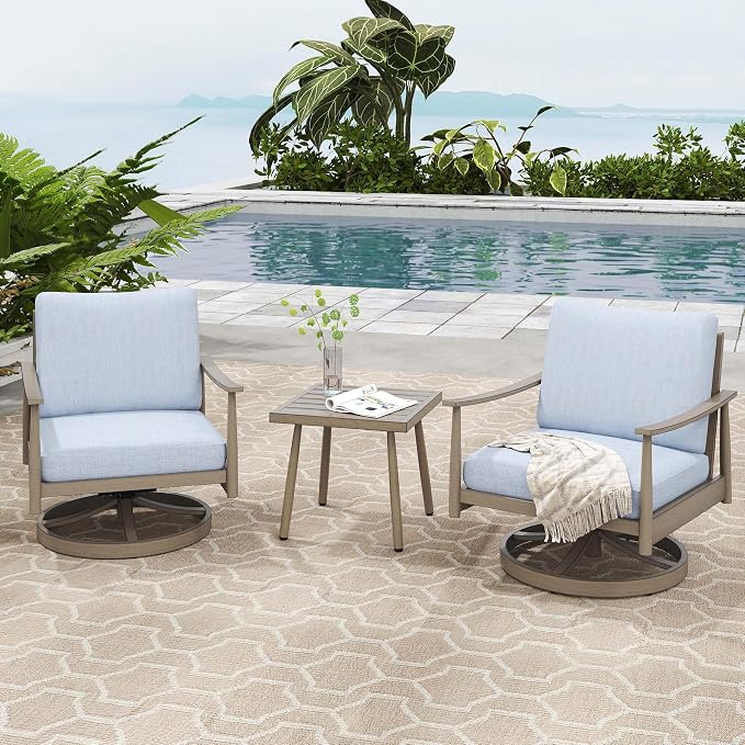 HAPPATIO Patio Conversation Set 3 Pieces, Outdoor Aluminum Conversation Furniture Set, 2 Swivel Chairs with Backrest Rope Design and 1 Side Table for Garden, Pool, and Lawn (Brown)