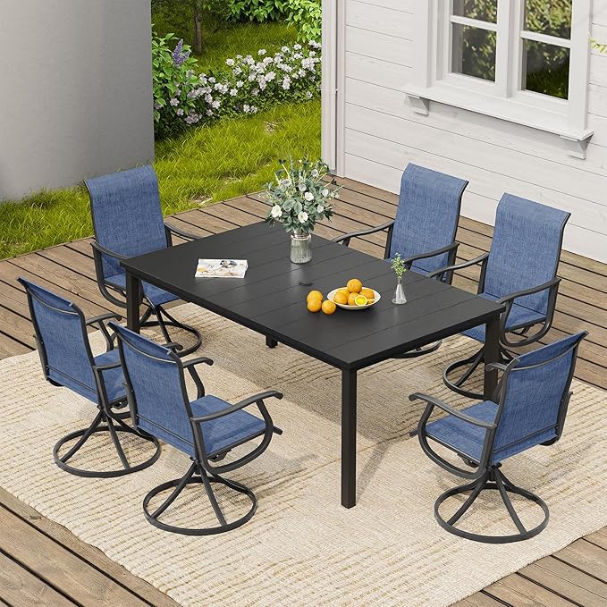 VICLLAX 7 Pieces Patio Dining Set, Patio Furniture Set of 6 Patio Swivel Dining Chairs and Rectangular Patio Table, Dark Blue Chairs & Black Tabletop