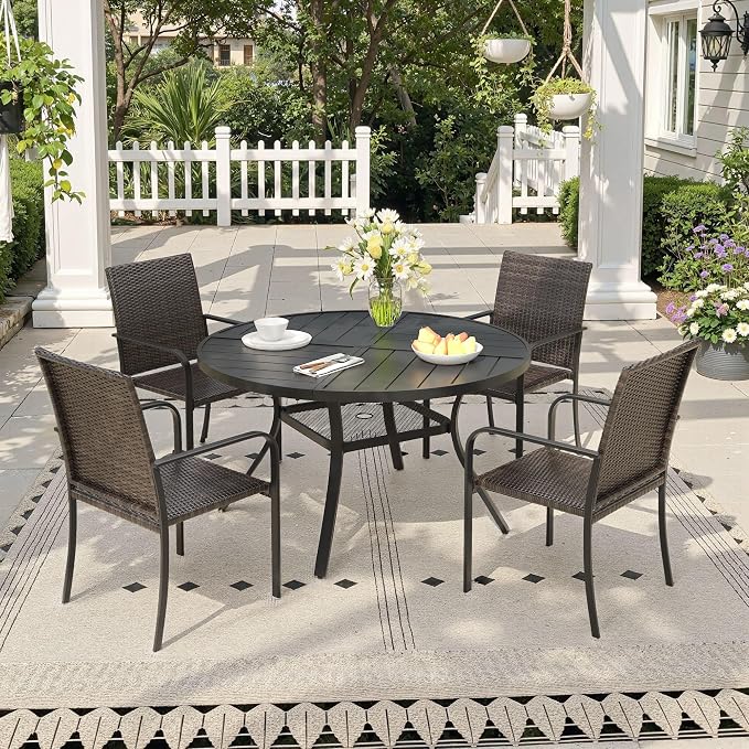 Outdoor Dining Set for 4, 40.7" Metal Round Outdoor Dining Table with Umbrella Hole and Wicker Stackable Patio Chairs, 5 Pieces Patio Table and Chairs Set for Garden Backyard, Black
