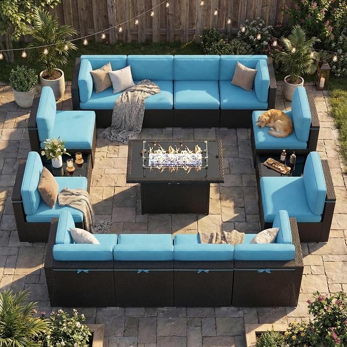 15 Pieces Patio Furniture Set with 44" Propane Gas Fire Pit Table, Outdoor Sectional Wicker Conversation Sofa Sets with Coffee Table