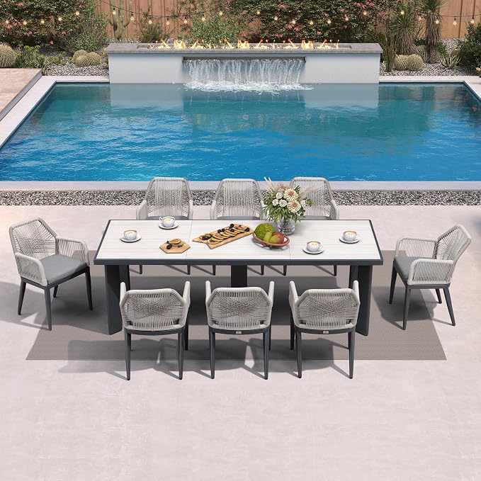 PURPLE LEAF 9 Pieces Patio Dining Set Aluminum Modern Rectangular Table and Rattan Arm Chairs with Cushions for Kitchen Porch Garden Outdoor Furniture Sets, Beige and Dark Grey