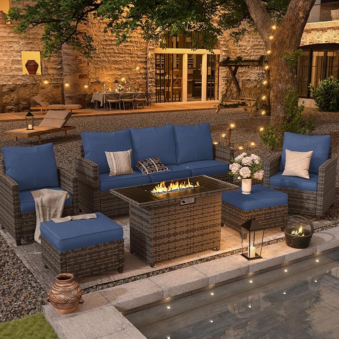 UDPATIO Patio Furniture Set with 44" Fire Pit Table, 6 Pieces Outdoor Sectional Conversation Sets, All-Weather Wicker Rattan Sofa Ottoman with 4" Thick Cushion for Garden Backyard Poolside, Navy Blue