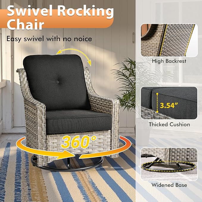 10 PCS Outdoor Patio Furniture Sets, Patio Conversation Sets Outside Rattan Soft Cushion Sofa with 4 Wicker Rocking Chairs & 54 in Fire Pit Table Fit Backyard Porch Garden Poolside Balcony,Black
