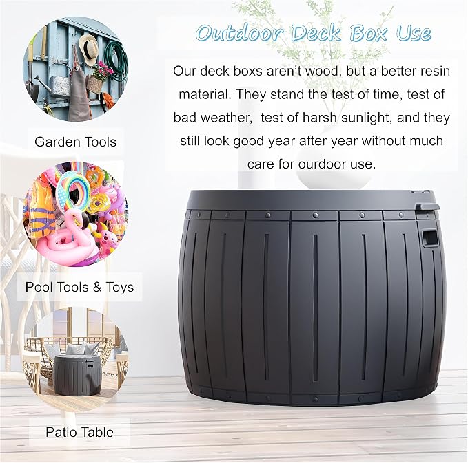 Mrosaa Deck Box Round, Patio Table, Waterproof Outdoor Storage Box for Kid Toys, Patio Furniture, Pool Tools, Outdoor Uses, Sports Equipment, Waterproof and UV Resistant Resin, 27 Gallons Grey