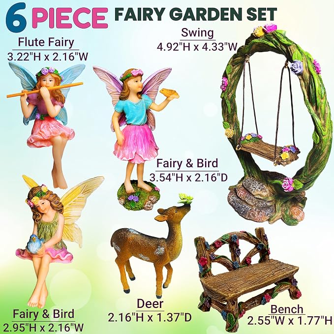 Mood Lab Fairy Garden Figurines with Swing - Miniature Decor Set (6 pcs) - Statues & Accessories - Outdoor & Indoor Garden Decor