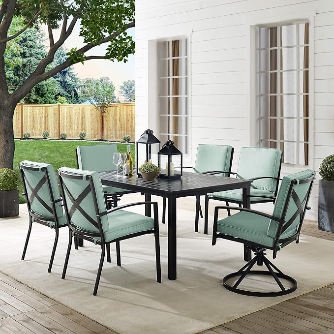 Crosley Furniture Kaplan 7-Piece Outdoor Dining Set for 6, Patio Table and Chairs for Backyard, Deck, Oiled Bronze with Mist Cushions
