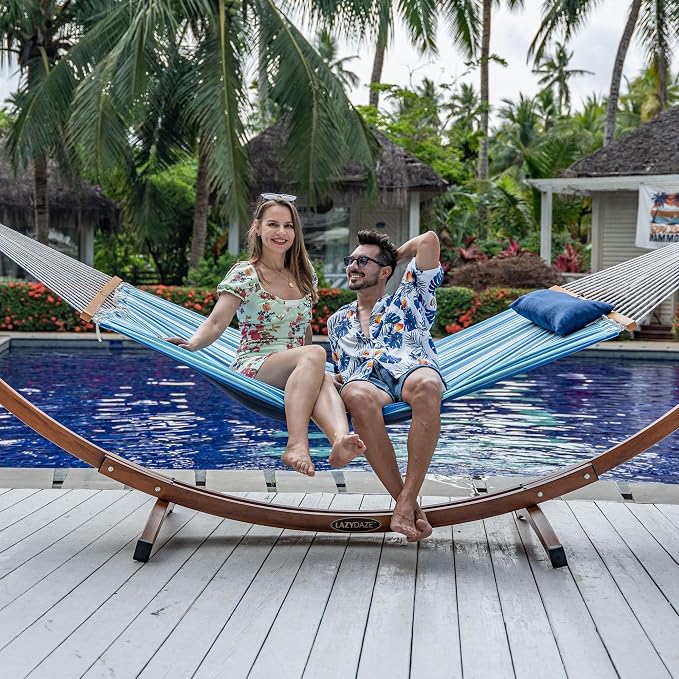 Lazy Daze Hammocks 12 FT Quilted Fabric Double Hammock with Spreader Bars and Detachable Pillow, 450lbs Weight Capacity