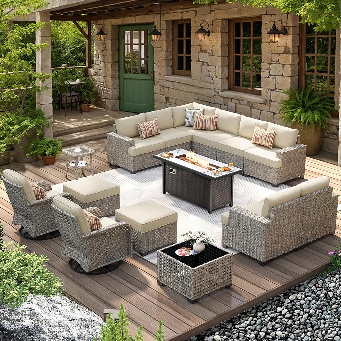 HOOOWOOO Outdoor Sectional Patio Furniture Set with Fire Pit Table,15 Pieces Wicker Conversation Sets L Shaped Couch,Extra Deep Out Door Sofa Outside Furniture with Swivel Chairs Ottoman,Beige