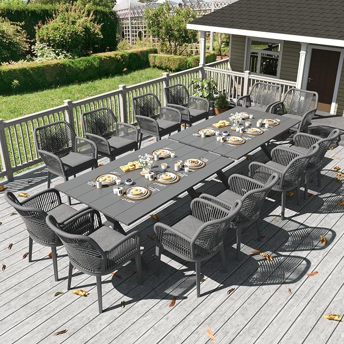 LayinSun Outdoor Dining Set for 10, 12 Pieces Patio Furniture Sets with Aluminum Dining Table and Rope Weave Chairs