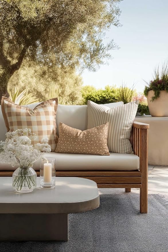 Modern Farmhouse California Casual Indoor Outdoor Lumbar Pillow Cover, 12"x20" Water Repellent for Patio, Backyard, Couch, Poolside, Ivory Cream Tan Print Botanical Flowers and Leaves