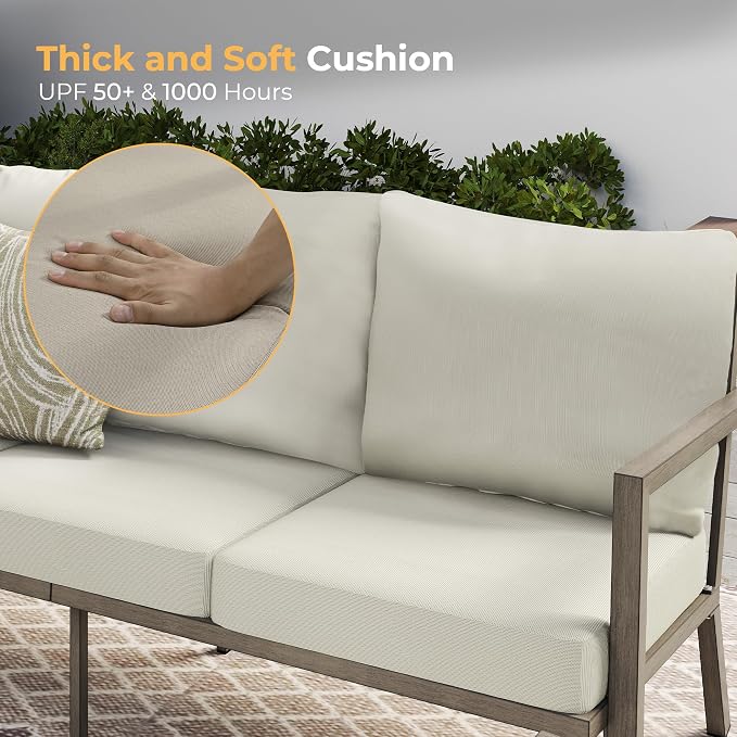 HAPPATIO Aluminum Patio Furniture Set, 4 Pieces Conversation Set with Thick Cushions and Coffee Table, All Weather 3-Seat Sofa Waterproof and Rustproof for Garden, Backyard, Porch, Grey