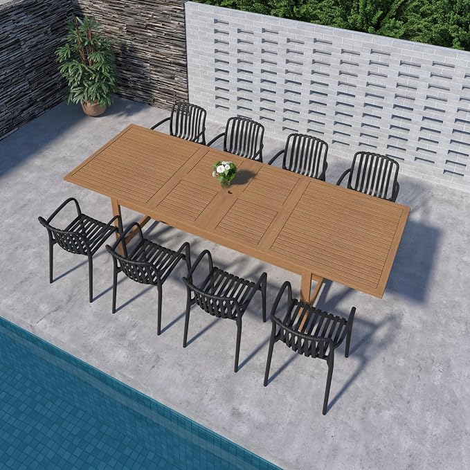 Urban Elements Frida Rectangular Extendable Patio Furniture Set | 100% Certified Teak Finish | Backyard Furniture, Outside Table and Chairs, Rectangular Outdoor Dining Set (Black, 9-Piece)