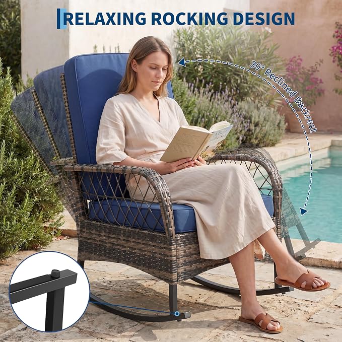 GarveeHome 3-Piece Outdoor Rocking Chair Set, Wicker Rattan Patio Furniture with Glass-Top Coffee Table, Modern Conversation Seating with Cushions for Porch, Backyard (Brown Rattan & Blue Cushion)