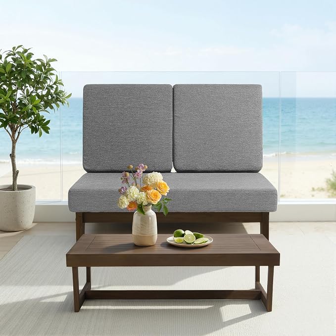 All Weather Wood Patio Furniture Sets, 3 Pieces Patio Loveseat Sofa Outdoor Sectional Futniture Backyard Conversation Set with Solid Wooden Coffee Table - Grey