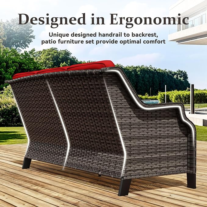 6 Pieces Patio Furniture Set, Outdoor Furniture Set with 2 Patio Chairs, 2 Ottoman, 1 Outdoor Wicker Sofa, 1 Metal Table, Ideal for Backyard, Garden, Poolside, Red