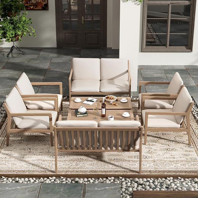 Christopher Knight Home Hearth Patio 8 Pieces Conversation Set, Acacia Wood Loveseat and Accent Armchairs, Slat Panel Coffee Table, Side Table with Sofa Chairs Chat Set for Garden Yard, Light Teak