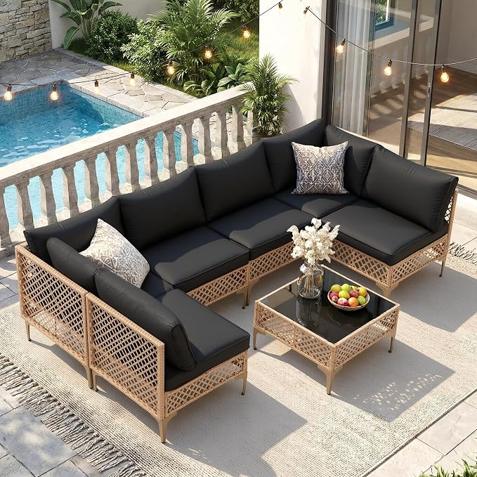 FHFO 7 Piece Outdoor Wicker Patio Furniture Set, Yellow/Black | Sectional Sofa | All-Weather Hand-Woven Rattan | Tempered Glass Coffee Table | Free Combination | Indoor & Outdoor Use