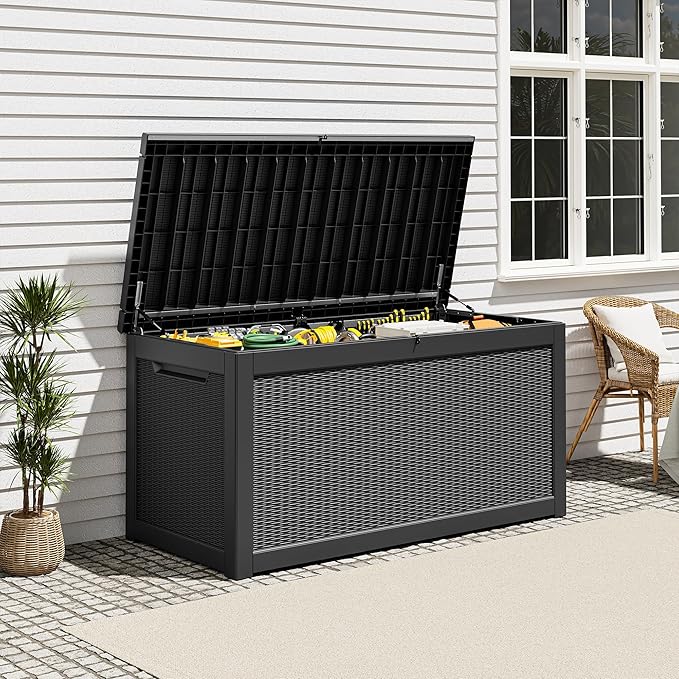 Outdoor Storage Box, Resin Deck Boxes Indoor and outdoor, Waterproof Storage Box Lockable Lid (Black,260 Gallon)