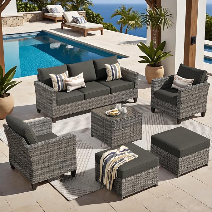 ovios 6 Pieces Patio Furniture Set, Outdoor Wicker Rattan Sofa Couch with Glass Table, Chairs, Comfy Cushions, Conversation Sets for Porch Deck Garden, Black