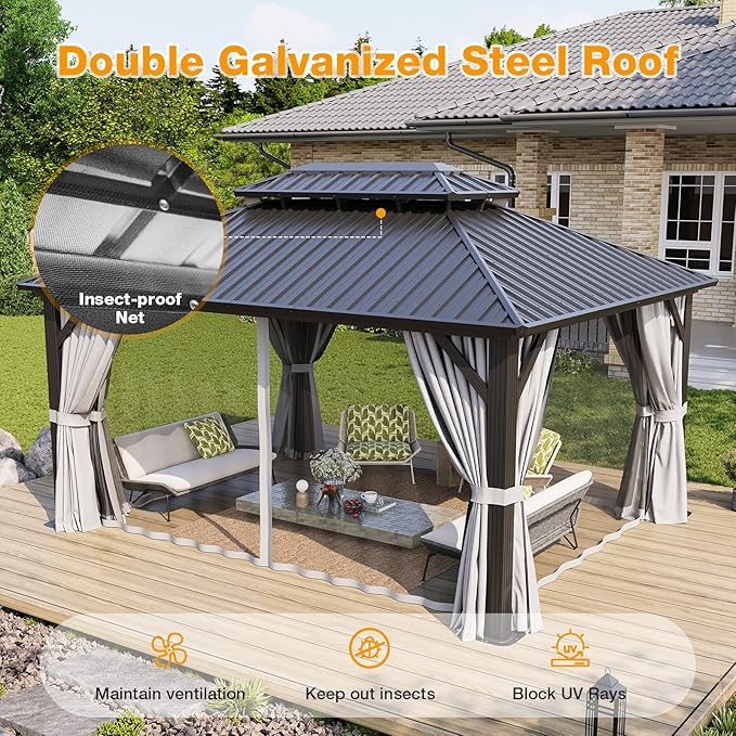 12x16FT Hardtop Gazebo, Metal Frame with Double Galvanized Steel Roof, Permanent Outdoor Pergola with Curtains and Netting Included for Backyard, Patio, Lawn and Garden, Gray