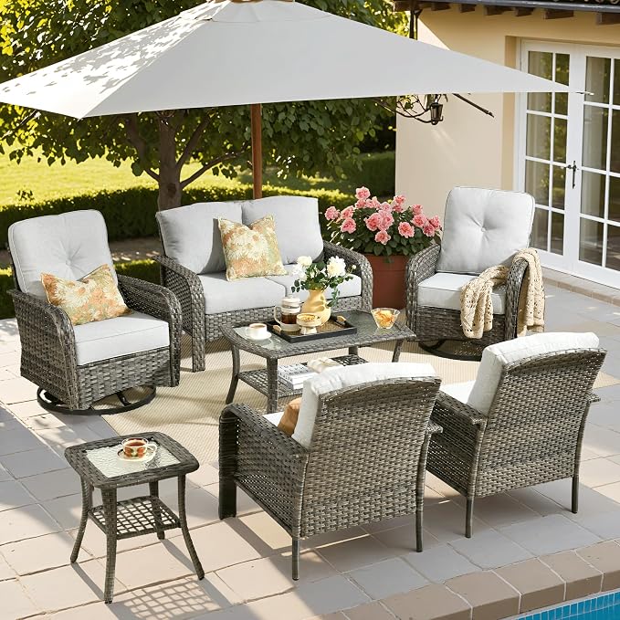 ovios 7-Piece Patio Furniture Set, Outdoor Wicker Sofa with Swivel Chairs Coffee Table, High Back Rattan Couch Loveseat with Comfy Cushions for Porch Yard Deck, Grey