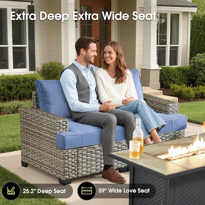 Outdoor Sectional Patio Furniture Set,7 Pieces All Weather Rattan Wicker Conversation Sets,Out Door Furniture with Ottoman Single Chair,Denim Blue
