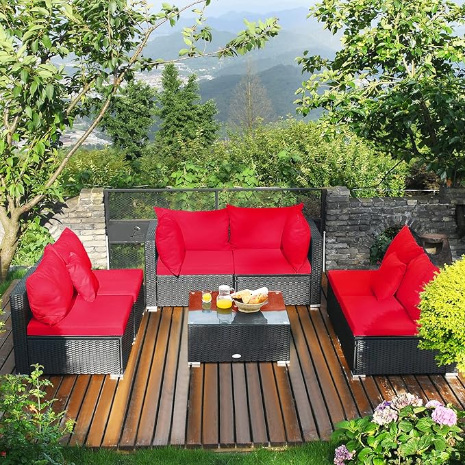 Tangkula 7 Piece Patio Furniture Set, Outdoor Sectional Sofa w/Pillows and Cushions, Wicker Sofa Conversation Set with Coffee Table, Patio Sofa and Tea Table Set for Garden, Lawn (Red)