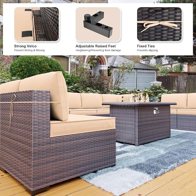 Kullavik 13PCS Outdoor Patio Furniture Set,PE Wicker Rattan Sectional Sofa Patio Conversation Sets with 43" 55000BTU Gas Propane Fire Pit Table,Swivel Rocking Chairs Set,Sand