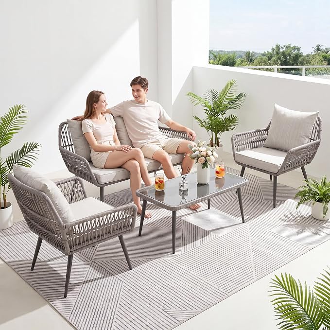 4-Piece Wicker Patio Furniture Set – Outdoor Conversation Set with 2 Armchairs, Loveseat & Tempered Glass Coffee Table, All-Weather Rattan Couch for Backyard, Deck, Balcony, Gray