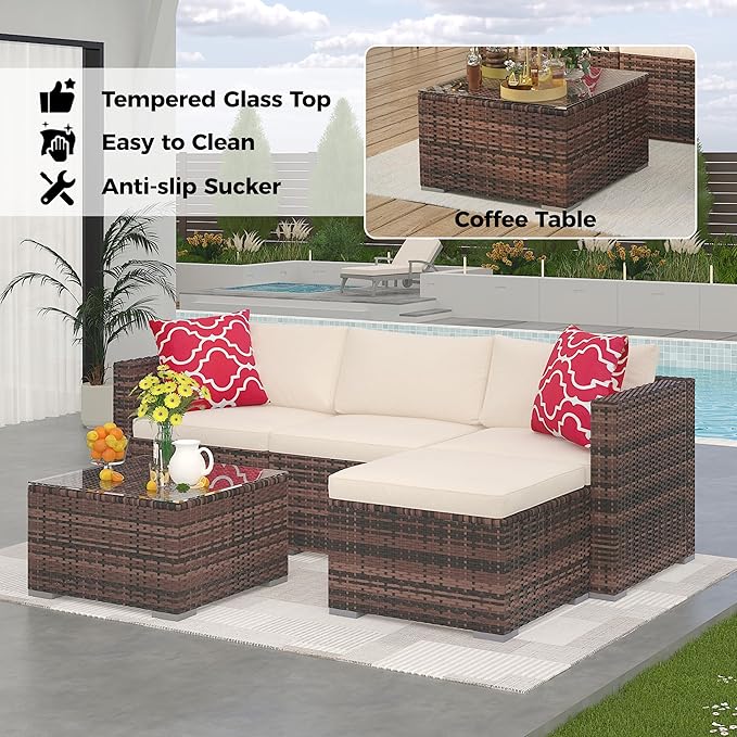 5-Piece L-Shaped Outdoor Patio Furniture Set, PE Wicker Sectional Sofa Set with Cushions and Tempered Glass Table, Steel Frame Conversation Set for Backyard & Poolside – Brown Wicker / Beige Cushions