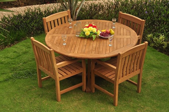 New 5 Pc Luxurious Grade-A Teak Wood Outdoor Dining Set - 60" Round Dining Table and 4 Devon Arm/Captain Chairs #WHDSDVl