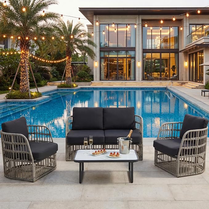 Outdoor Sectional Furniture Set, Patio Wicker Furniture Set, 4 Piece Rattan Patio Conversation Sets, Balcony Loveseat, Outdoor Sofa for Backyard, Garden, Outside, Lawn, Poolside, Grey